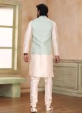 Cream and Green Kurta Payjama With Jacket in Jacquard Silk with Fancy work - 3