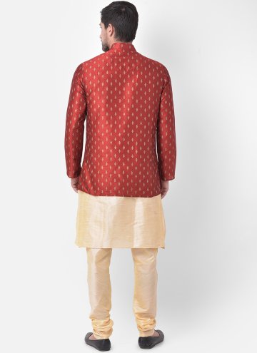 Cream and Maroon color Art Dupion Silk Kurta Payjama With Jacket with Fancy work