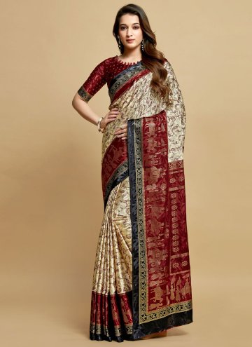 Cream and Maroon color Jacquard Work Silk Trendy S