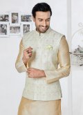 Cream and Multi Colour Banarasi Fancy work Kurta Payjama With Jacket - 1
