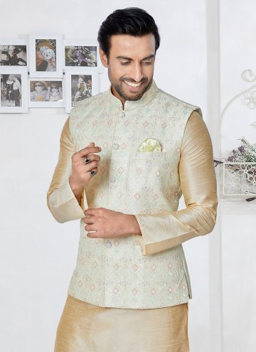 Cream and Multi Colour Banarasi Fancy work Kurta Payjama With Jacket