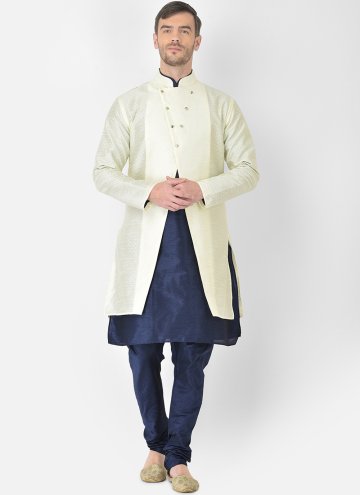 Cream and Navy Blue Kurta Payjama With Jacket in Art Dupion Silk with Fancy work