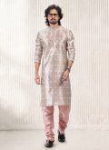 Cream and Peach Kurta Pyjama in Banarasi Jacquard with Fancy work - 1