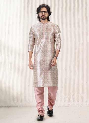 Cream and Peach Kurta Pyjama in Banarasi Jacquard with Fancy work