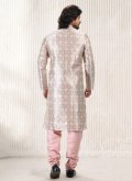 Cream and Peach Kurta Pyjama in Banarasi Jacquard with Fancy work - 2
