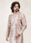 Cream and Peach Kurta Pyjama in Banarasi Jacquard with Fancy work - 3
