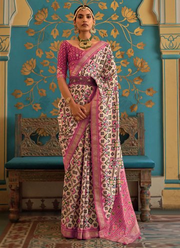 Cream and Pink Classic Designer Saree in Patola Silk with Woven