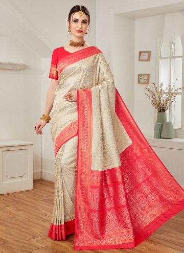 Cream and Pink Silk Woven Contemporary Saree for F