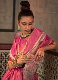 Cream and Rani Trendy Saree in Handloom Silk with Woven - 1