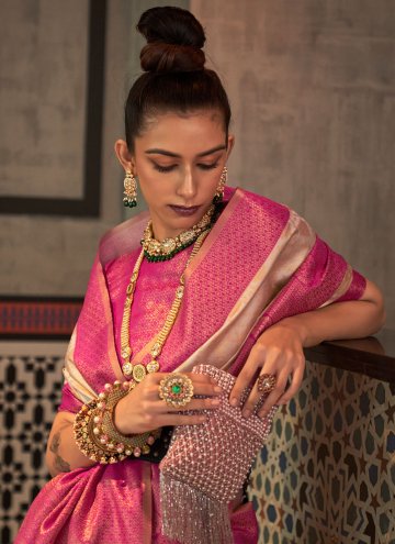 Cream and Rani Trendy Saree in Handloom Silk with Woven