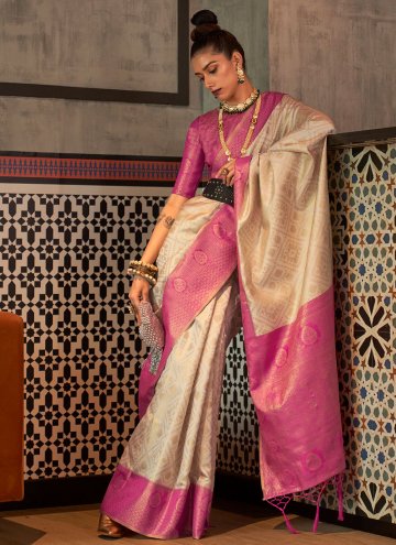 Cream and Rani Trendy Saree in Handloom Silk with 
