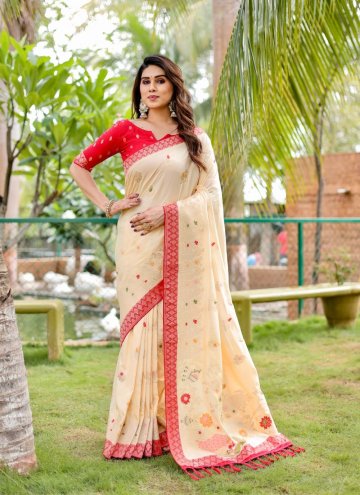Cream and Red color Woven Silk Classic Designer Saree
