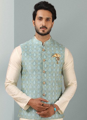 Cream and Turquoise Kurta Payjama With Jacket in Banarasi with Embroidered