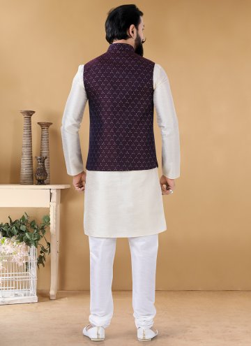 Cream and Violet Kurta Payjama With Jacket in Jacquard with Woven
