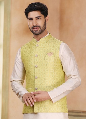 Cream and Yellow Kurta Payjama With Jacket in Banarasi with Fancy work