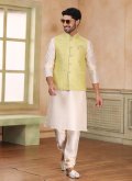 Cream and Yellow Kurta Payjama With Jacket in Banarasi with Fancy work - 2