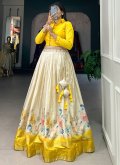 Cream and Yellow Readymade Lehenga Choli in Silk with Floral Print - 1