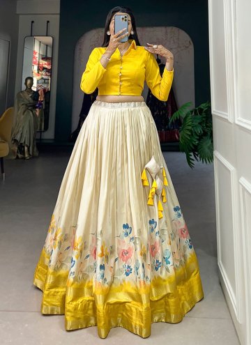 Cream and Yellow Readymade Lehenga Choli in Silk with Floral Print