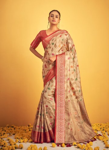 Cream Banarasi Woven Designer Traditional Saree fo