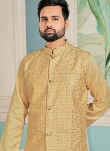Cream Banglori Silk Embroidered Kurta Payjama With Jacket for Festival