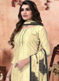 Cream Chanderi Cotton Embroidered Salwar Suit - 1