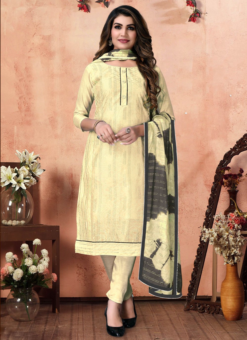 Cream Chanderi Cotton Embroidered Salwar Suit