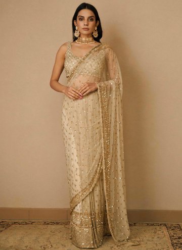 Cream Classic Designer Saree in Net with Embroider