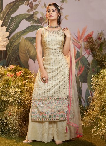 Cream color Chinon Palazzo Suit with Embroidered