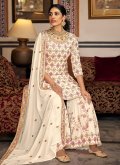 Cream color Embroidered Faux Georgette Palazzo Suit - 1