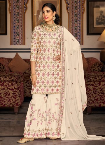 Cream color Embroidered Faux Georgette Palazzo Suit