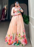 Cream color Floral Print Tussar Silk Gown - 1