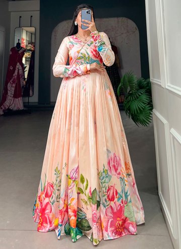 Cream color Floral Print Tussar Silk Gown