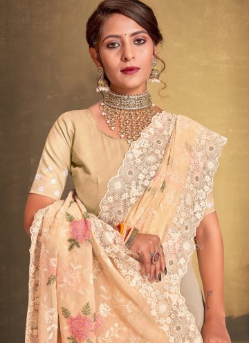 Cream color Georgette Trendy Saree with Embroidered
