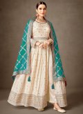 Cream color Jacquard Silk Salwar Suit with Embroidered - 1