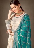 Cream color Jacquard Silk Salwar Suit with Embroidered - 2