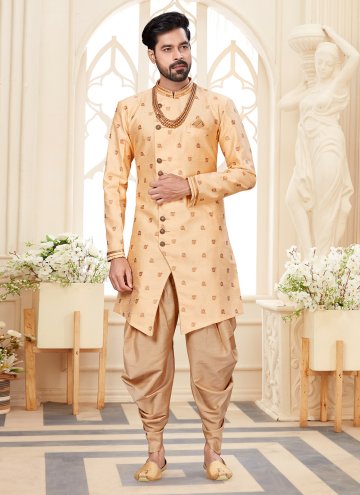 Cream color Jacquard Work Fancy Fabric Indo Western Sherwani