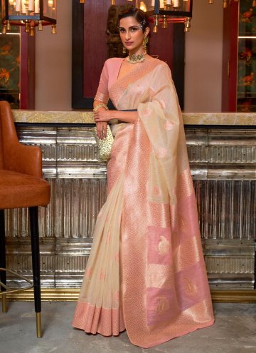 Cream color Linen Designer Saree with Woven