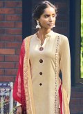 Cream color Satin Designer Pakistani Salwar Suit with Embroidered - 1