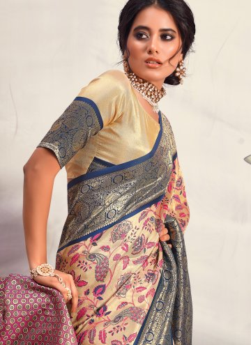 Cream color Silk Designer Saree with Woven