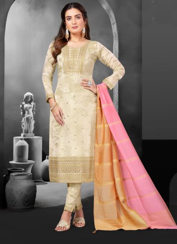Cream color Silk Pant Style Suit with Embroidered