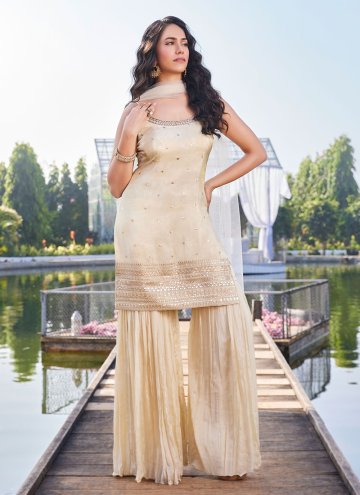 Cream color Silk Straight Salwar Kameez with Embroidered