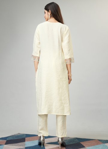 Cream color Viscose Pant Style Suit with Embroidered