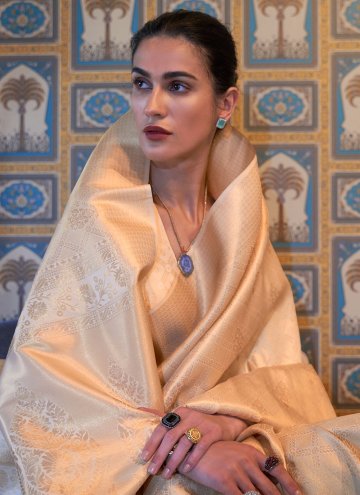 Cream color Woven Handloom Silk Contemporary Saree