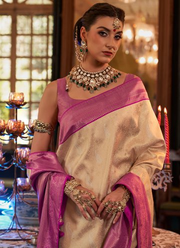Cream color Woven Kanjivaram Silk Trendy Saree