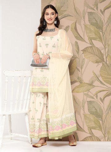 Cream Crepe Silk Floral Print Readymade Anarkali Salwar Suit