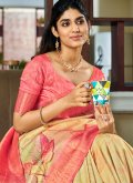 Cream Designer Saree in Handloom Silk with Floral Print - 1