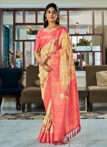Cream Designer Saree in Handloom Silk with Floral Print