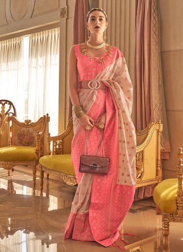 Cream Designer Saree in Handloom Silk with Woven