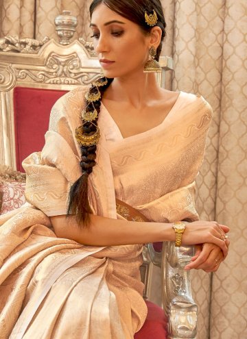 Cream Designer Traditional Saree in Handloom Silk with Woven