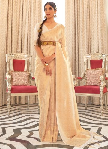 Cream Designer Traditional Saree in Handloom Silk 